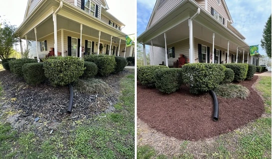 Before and after of a home's front landscape bed with fresh mulch installed by Grass Geeks