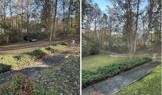 Before and after of a leaf-covered yard cleaned up along a walkway by Grass Geeks
