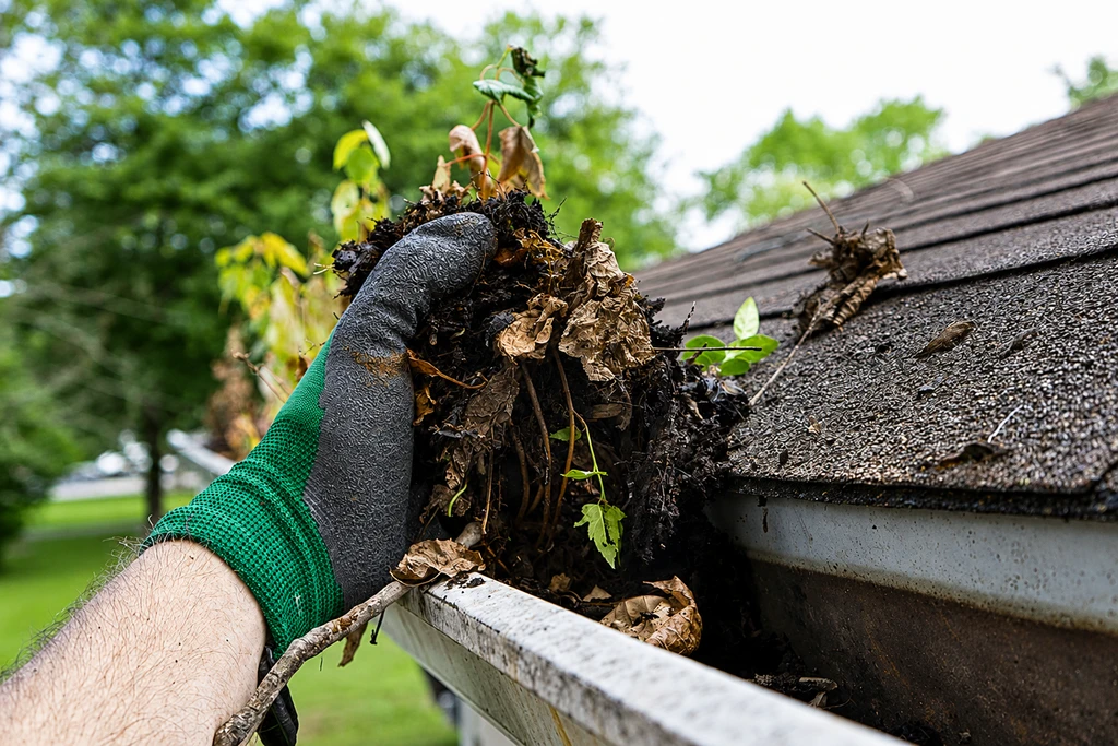 Gloved hand removing packed leaves and debris from a home's gutter
