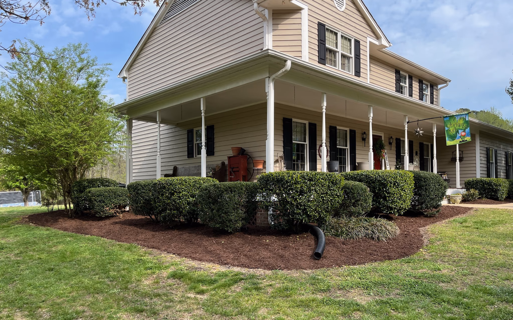Freshly installed dark mulch in a landscape bed around trimmed shrubs