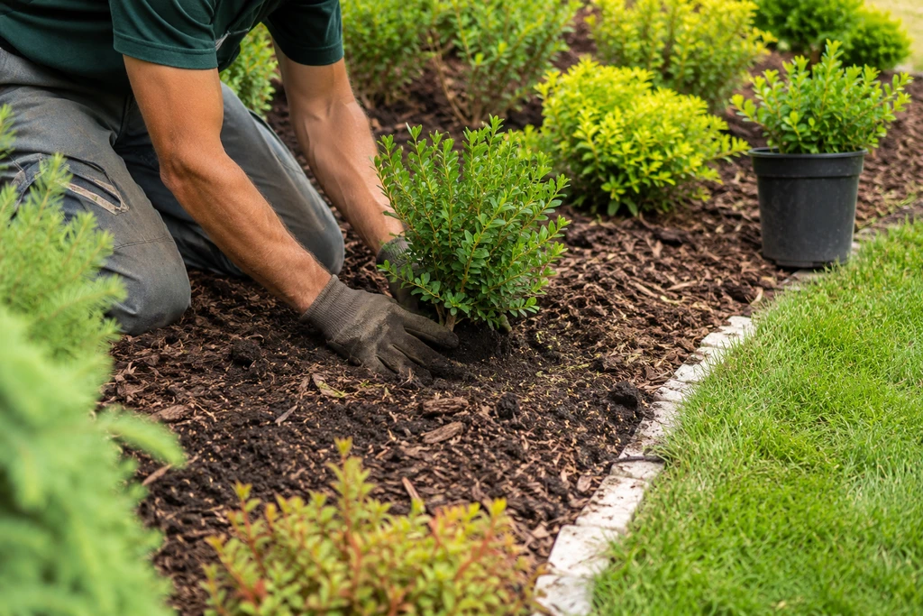 Landscaper planting a shrub into a freshly mulched landscape bed